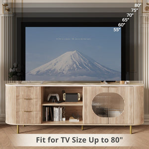 English Elm 65 Inch Fluted Media Console with Marble Look Top Gold Hardware Natural Finish Oak T5618P448226