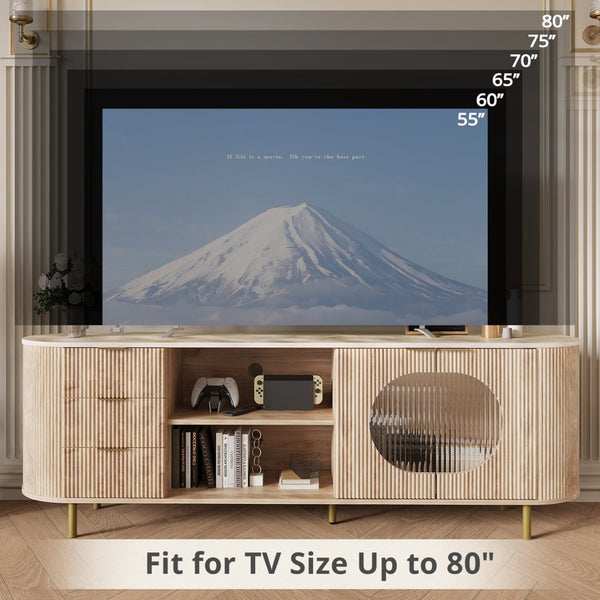 English Elm 65 Inch Fluted Media Console with Marble Look Top Gold Hardware Natural Finish Oak T5618P448226