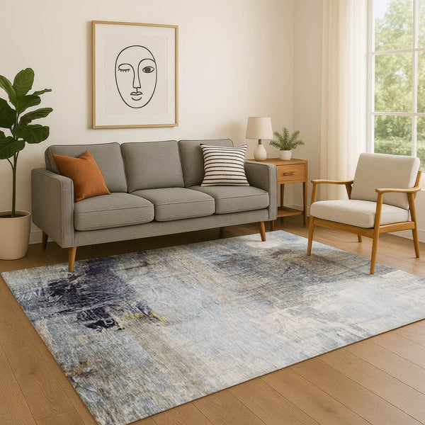 HomeRoots 5' x 8' Sky Blue & Gray Abstract Area Rug - Washable, UV-Protected, Durable for Homes with Kids & Pets 718414