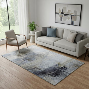 HomeRoots 8' Sky Blue and Gray Abstract Washable Round Rug - Modern, Durable, UV-Protected, Easy-Care Design 718415