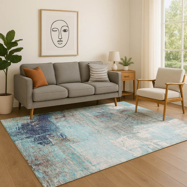 HomeRoots 5' Teal and Ivory Abstract Area Rug - Washable, UV Protected, Durable for Family Living Spaces 718420