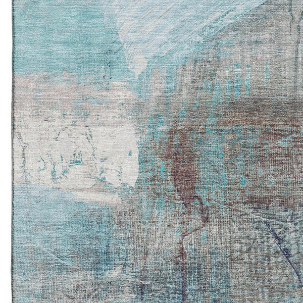 HomeRoots 5' Teal and Ivory Abstract Area Rug - Washable, UV Protected, Durable for Family Living Spaces 718420