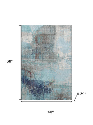 HomeRoots 5' Teal and Ivory Abstract Area Rug - Washable, UV Protected, Durable for Family Living Spaces 718420