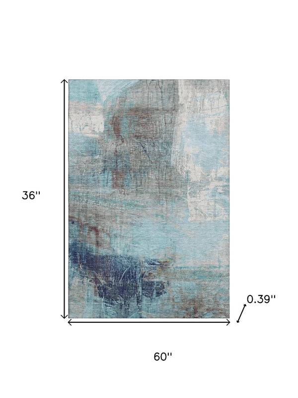 HomeRoots 5' Teal and Ivory Abstract Area Rug - Washable, UV Protected, Durable for Family Living Spaces 718420