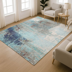 HomeRoots 5' Teal and Ivory Abstract Area Rug - Washable, UV Protected, Durable for Family Living Spaces 718420