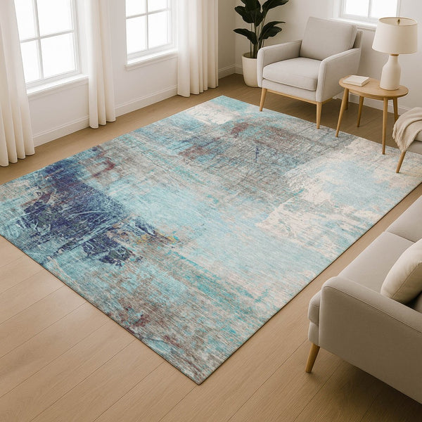 HomeRoots 5' Teal and Ivory Abstract Area Rug - Washable, UV Protected, Durable for Family Living Spaces 718420