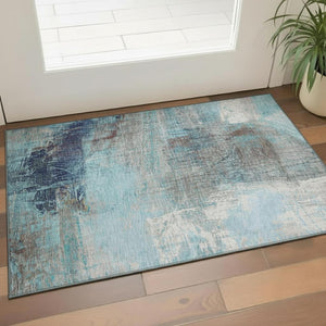 HomeRoots 5' Teal and Ivory Abstract Area Rug - Washable, UV Protected, Durable for Family Living Spaces 718420