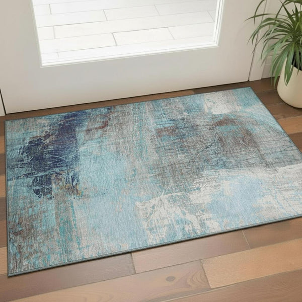 HomeRoots 5' Teal and Ivory Abstract Area Rug - Washable, UV Protected, Durable for Family Living Spaces 718420