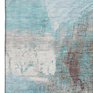 HomeRoots 8' Teal and Ivory Abstract Washable Round Rug – Stain Resistant, UV Protected for Family Spaces 718421