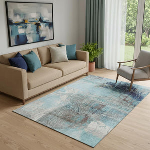 HomeRoots 8' Teal and Ivory Abstract Washable Round Rug – Stain Resistant, UV Protected for Family Spaces 718421