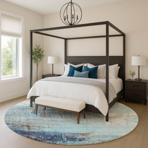 HomeRoots 8' X 10' Teal And Ivory Abstract Area Rug - Washable, UV Protected, Stain-Resistant, Durable Design 718422