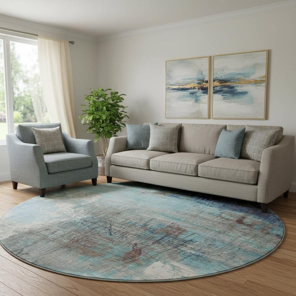 HomeRoots 8' X 10' Teal And Ivory Abstract Area Rug - Washable, UV Protected, Stain-Resistant, Durable Design 718422