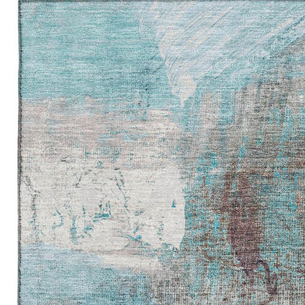 HomeRoots 9' X 12' Teal And Ivory Abstract Area Rug - Machine Washable, UV Protected, Perfect for Kids & Pets! 718423