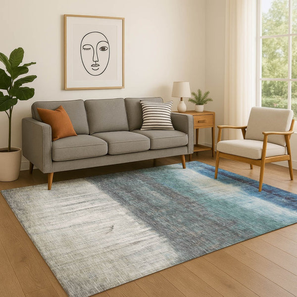 HomeRoots 5' X 8' Blue and Ivory Abstract Area Rug - Washable, UV-Protected, Durable for High-Traffic Spaces 718426