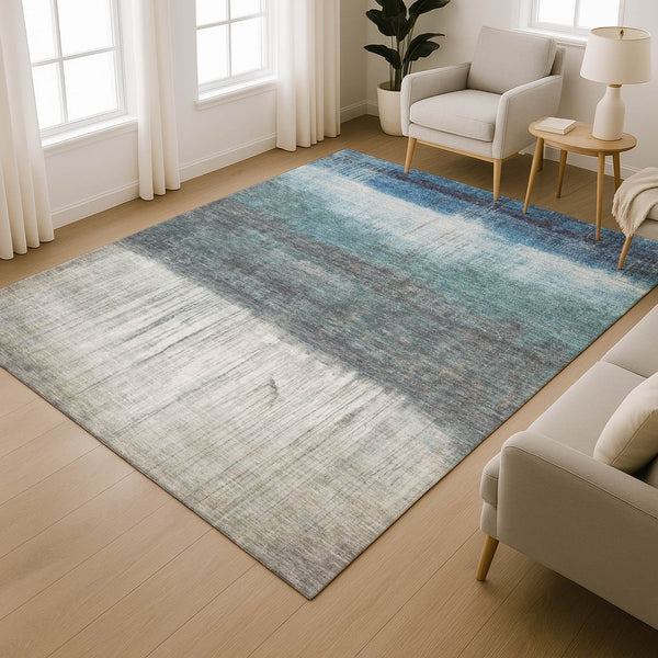 HomeRoots 5' X 8' Blue and Ivory Abstract Area Rug - Washable, UV-Protected, Durable for High-Traffic Spaces 718426