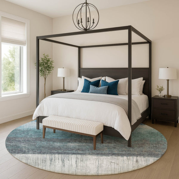 HomeRoots 8' X 10' Blue And Ivory Abstract Washable Area Rug - Durable, UV-Protected, Modern Style for Any Room 718428