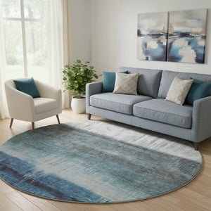 HomeRoots 8' X 10' Blue And Ivory Abstract Washable Area Rug - Durable, UV-Protected, Modern Style for Any Room 718428