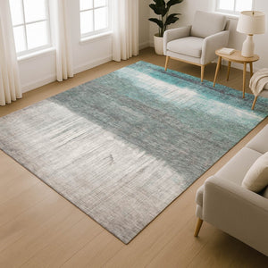HomeRoots 5' X 8' Teal and Gray Abstract Area Rug - Washable, UV-Protected, Non-Slip for Modern Living Spaces 718444