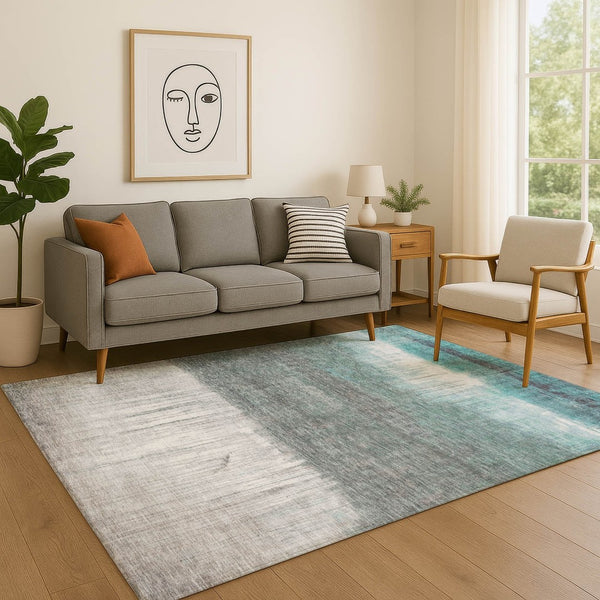 HomeRoots 9' X 12' Teal and Gray Abstract Area Rug - Washable, Stain-Resistant, UV-Protected for Modern Homes 718447