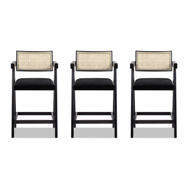 English Elm Jennifer Taylor Home - Milan 25.5” Modern Resin Webbing Back Bar Stool Set of 3 with Arms, Black Bouclé, Ergonomic Comfort B2719P238391