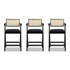 English Elm Milan 25.5" Modern Resin Webbing Back Bar Stool With Arms, Set Of 3, Ebony Black Boucle