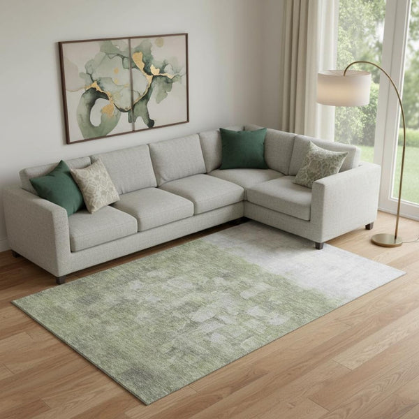 HomeRoots 9' X 12' Fern Green and Silver Abstract Area Rug - Washable, UV Protected, Non-Slip for Modern Homes 718459