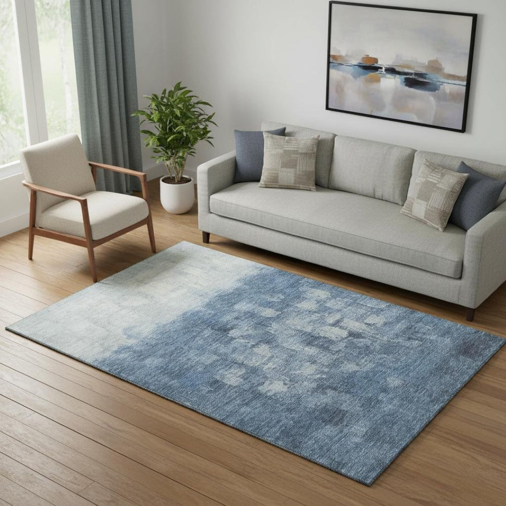 HomeRoots 8' Navy Blue and Ivory Abstract Washable Round Rug - Durable, UV-Protected, Perfect for High-Traffic Homes 718463