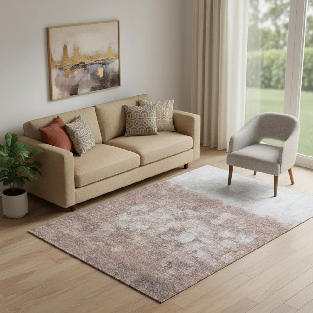 HomeRoots 8' Modern Rust and Silver Abstract Washable Round Rug with UV Protection for Busy Homes & Patios 718469