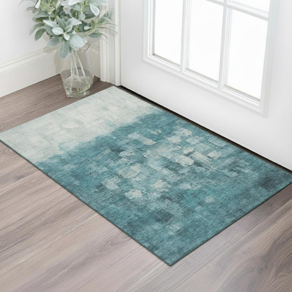 HomeRoots 5' Teal and Ivory Abstract Washable Area Rug – UV Protected, Stain Resistant, Durable for High Traffic 718480