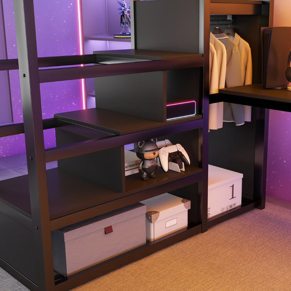 English Elm Twin Metal High Loft Bed with Staircase Storage Wardrobe for Kids and Teens W2580S00077