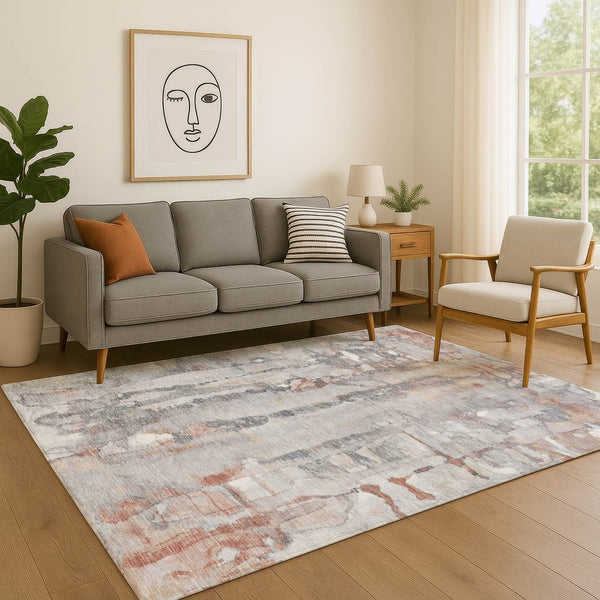 HomeRoots 8' Washable Copper and Gray Abstract Round Rug with UV Protection, Stylish and Durable for Homes 718499