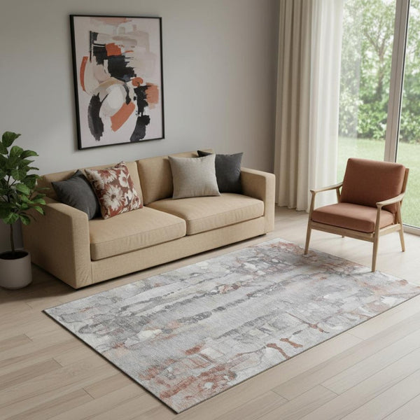 HomeRoots 8' Washable Copper and Gray Abstract Round Rug with UV Protection, Stylish and Durable for Homes 718499