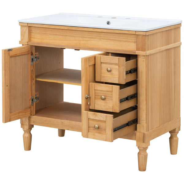 English Elm 36" Freestanding Bathroom Vanity Solid Wood Cabinet with Ceramic Sink and Soft Close Storage N729P300165N