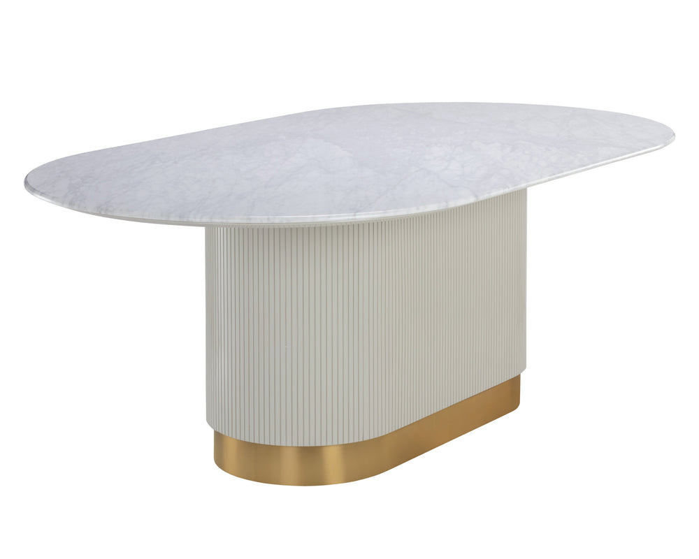 Sunpan Paloma Dining Table - Elegant White Marble Top with Cream Reeded Base and Gold Inlay for Luxe Spaces Oval - 84W x 47.25D x 30H