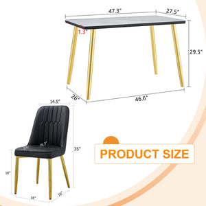 English Elm Table and Chair Set Marble Glass Top Gold Legs Black Pu Seats Modern Dining W1151S04650
