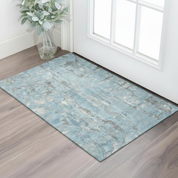 HomeRoots 5' X 8' Denim Blue & Gray Abstract Washable Area Rug - Durable, UV-Protected, Pet-Friendly Design! 718504