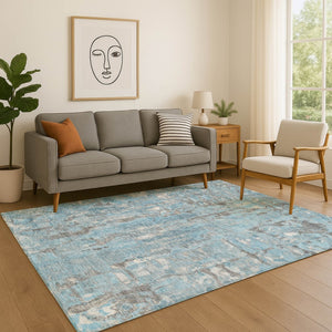 HomeRoots 8' Stylish Denim Blue and Gray Washable Round Rug with UV Protection for Easy Care and Durability 718505