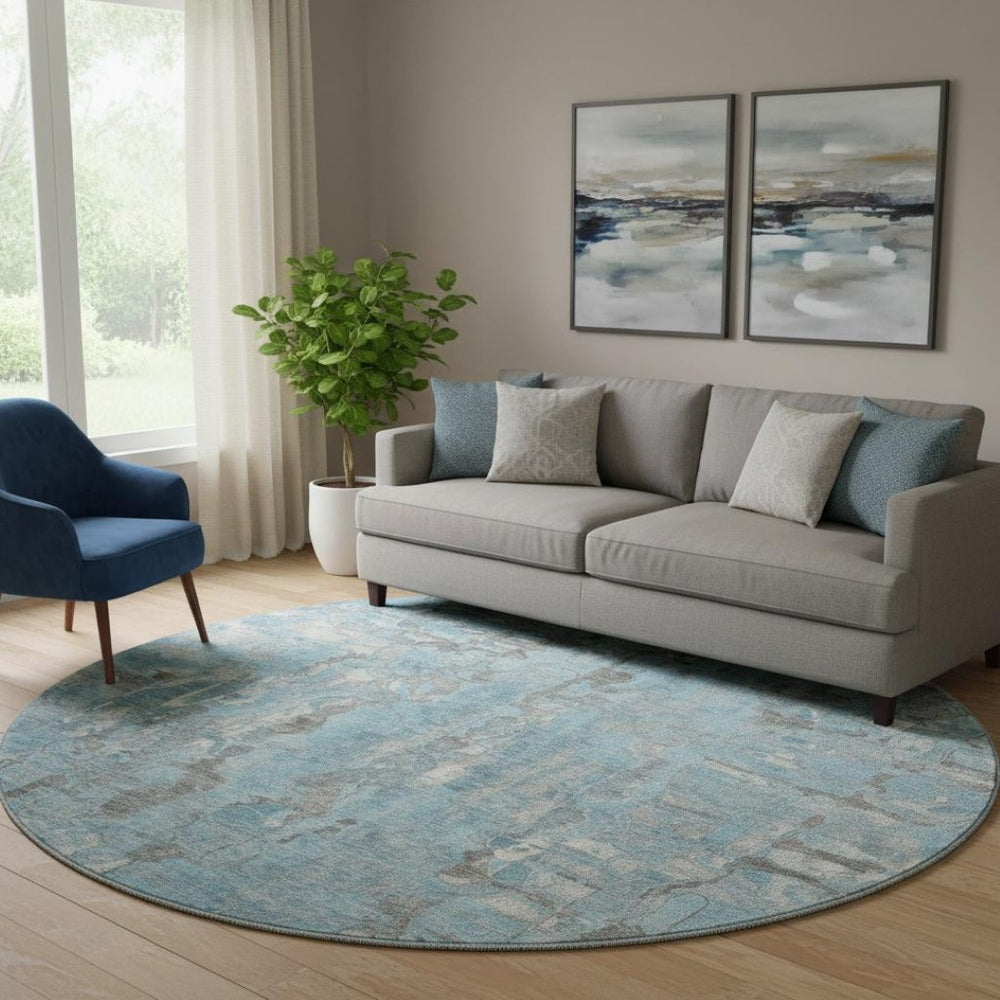 HomeRoots 8' X 10' Stylish Denim Blue & Gray Abstract Washable Area Rug with UV Protection for Busy Homes 718506