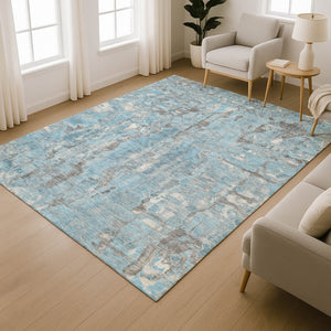 HomeRoots 10' X 14' Denim Blue & Gray Abstract Washable Area Rug - UV Protected, Family-Friendly Design! 718508