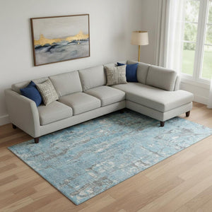 HomeRoots 10' X 14' Denim Blue & Gray Abstract Washable Area Rug - UV Protected, Family-Friendly Design! 718508