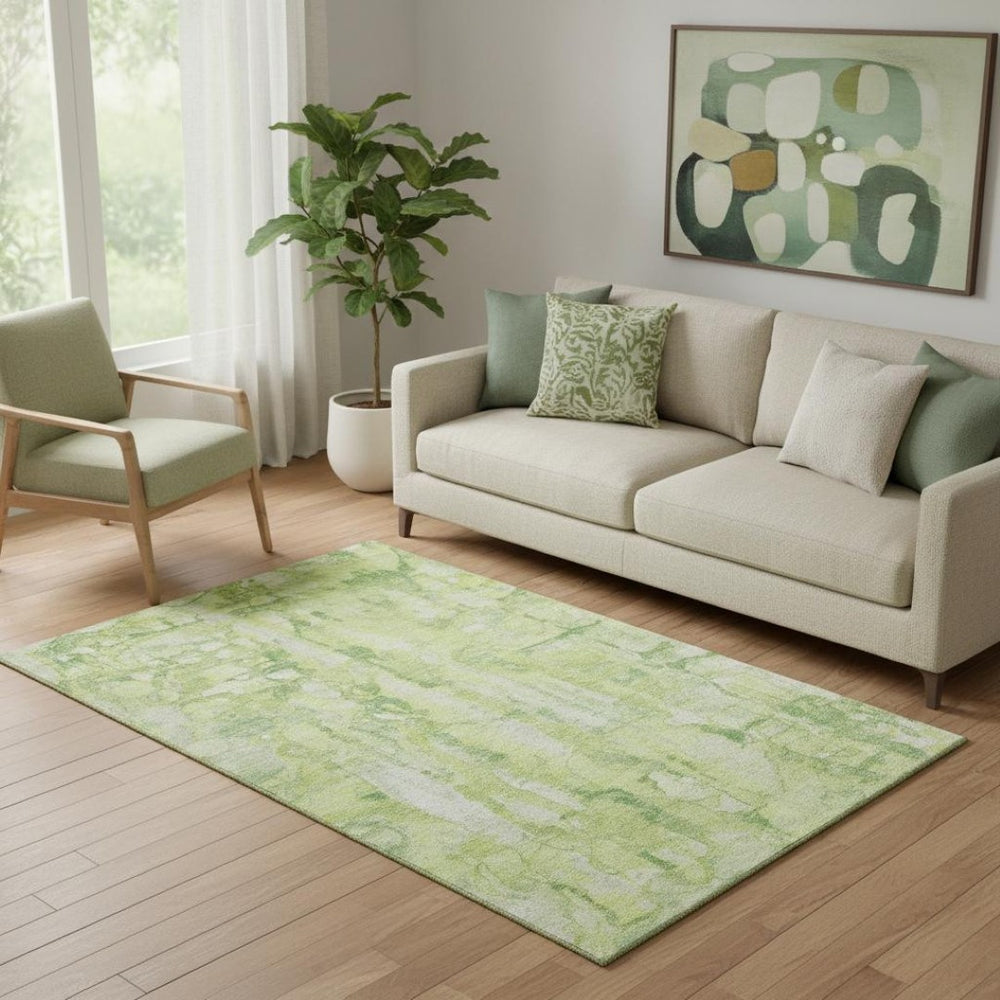 HomeRoots 8' Lime Green & Ivory Abstract Washable Round Rug - Durable, UV-Protected, Perfect for High-Traffic Areas! 718511
