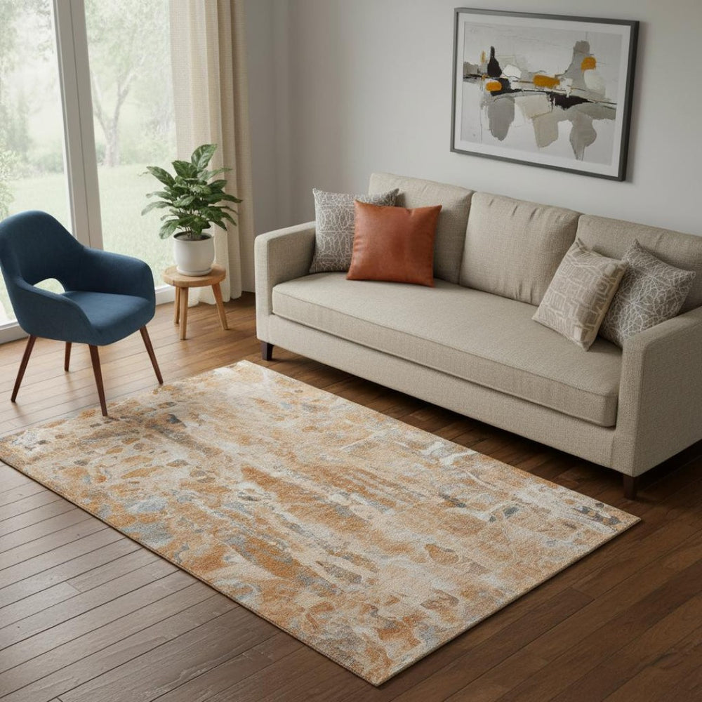 HomeRoots 8' Orange and Ivory Abstract Washable Round Rug - UV Protected, Durable, Stain-Resistant Design! 718517