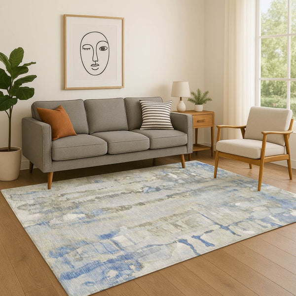 HomeRoots 8' Sky Blue and Gray Abstract Round Rug - Washable, UV-Protected, Durable for Kids & Pets 718523