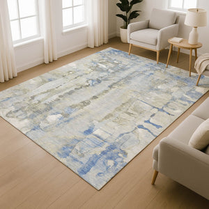 HomeRoots 8' Sky Blue and Gray Abstract Round Rug - Washable, UV-Protected, Durable for Kids & Pets 718523