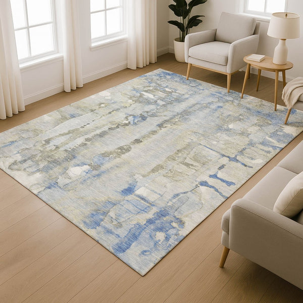 HomeRoots 8' Sky Blue and Gray Abstract Round Rug - Washable, UV-Protected, Durable for Kids & Pets 718523