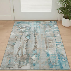 HomeRoots 5' X 8' Teal and Ivory Abstract Area Rug - Washable, UV Protected, Stain Resistant for Easy Care 718528