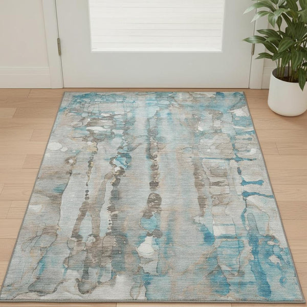HomeRoots 5' X 8' Teal and Ivory Abstract Area Rug - Washable, UV Protected, Stain Resistant for Easy Care 718528