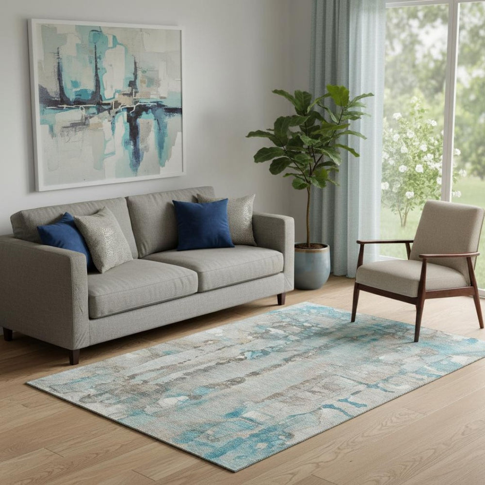 HomeRoots 8' Teal and Ivory Abstract Round Rug - Washable, UV Protected, Durable Design for Busy Homes 718529