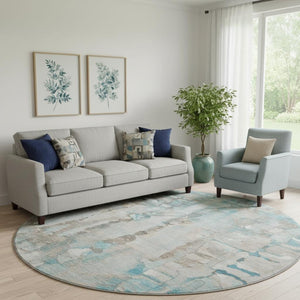HomeRoots 8' X 10' Teal And Ivory Abstract Area Rug - Washable, UV Protected, Perfect for High-Traffic Spaces! 718530