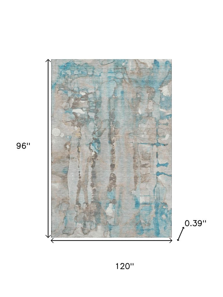 8x10 Abstract Teal Ivory Washable Polyester Area Rug with Uv Protection for Living Rooms